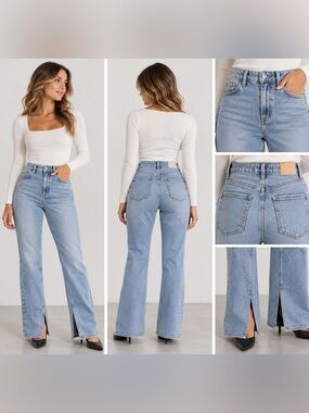 Zara high waisted Light Blue Flare Jeans with Front Slit